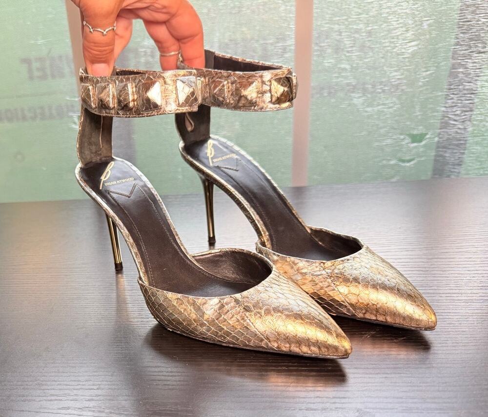 Brian Atwood Gold Snakeskin Embossed Stud Ankle Strap Heels Pumps Size 6.5 Italy